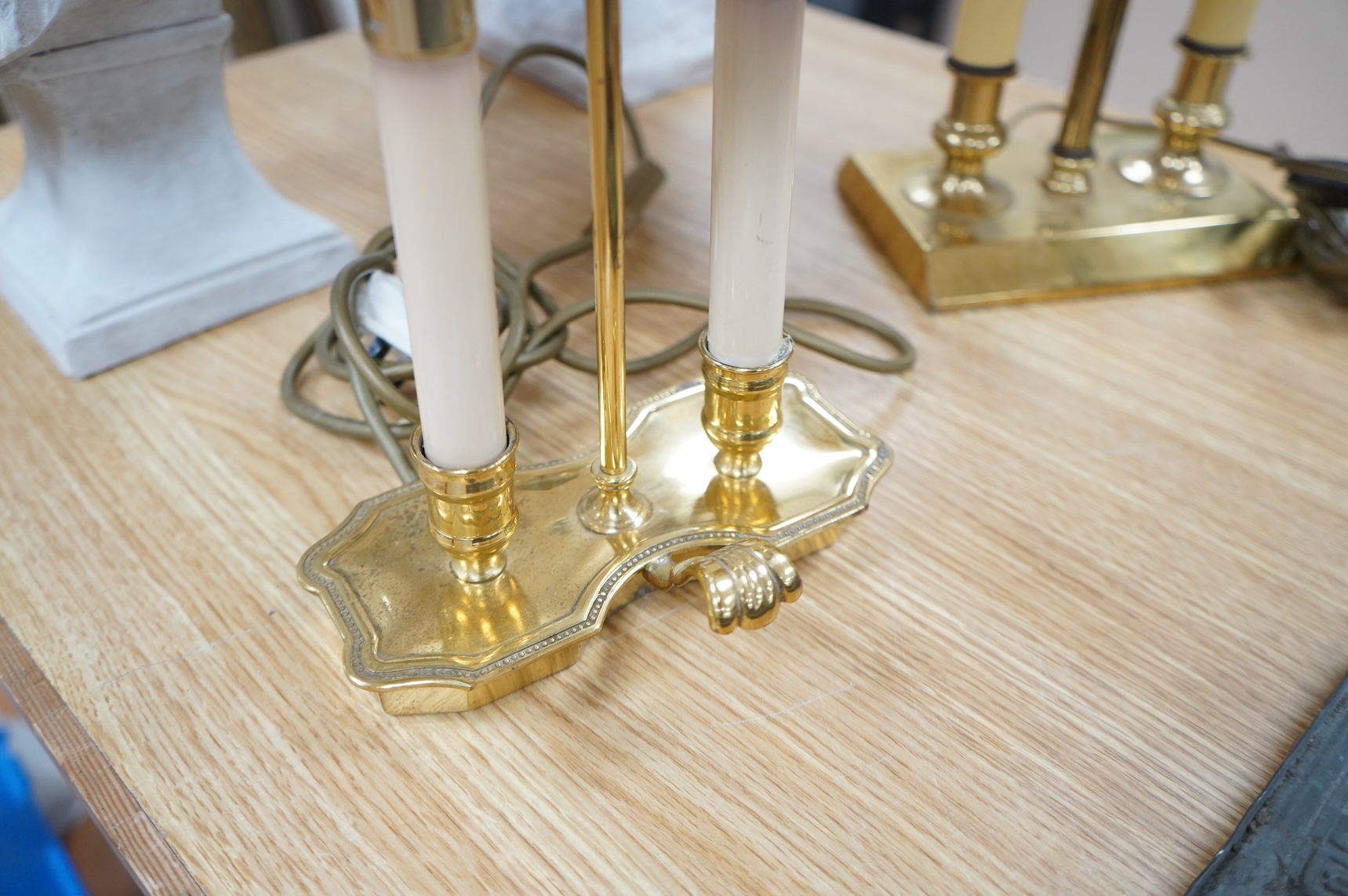 Two early 20th century French brass desk lamps, tallest 45cm